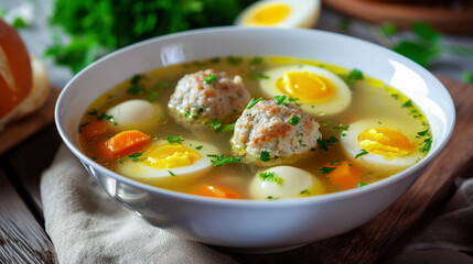 Easter soup - Shusheddu, Italian soup with meatballs, spaghetti, boiled egg and mozzarella, in chicken broth on the table in an old trattoria, close-up idea for a restaurant menu