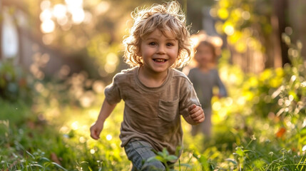 Fröhliche Kinder rennen über eine Wiese