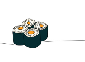 Sushi roll one line art. Continuous line drawing of sushi, japanese, food, roll, culture, tasty, restaurant, japan, asian, sea, menu