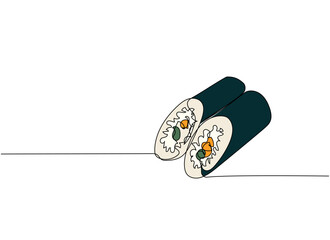 Sushi roll, Ehomaki, Sushi Summer Rolls one line art. Continuous line drawing of sushi, japanese, food, roll, culture, tasty, restaurant, japan, asian, sea, menu