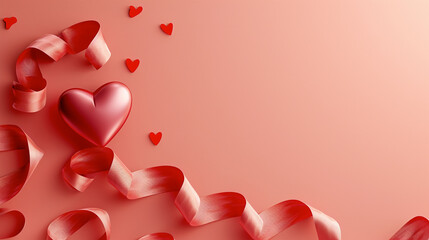 red hearts and ribbon on a pale red background. for cards, design, advertising, banners, created by AI