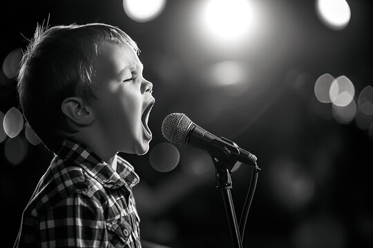 little boy singing into a microphone, black and white photography, side view, portrait, singer