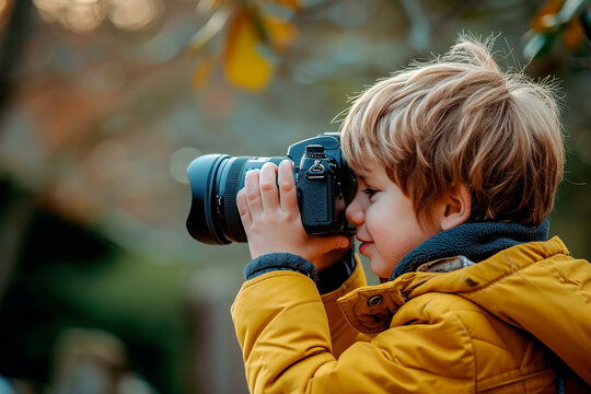 little boy in a yellow jacket holding a camera and taking pictures of the forest, portrait on a blurred background