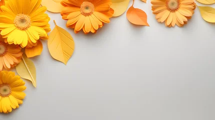 Zelfklevend Fotobehang Creative composition of beautiful yellow and orange gerbera flowers with petals on gray background. Autumn concept. Flat lay. Banner format. © Ziyan Yang