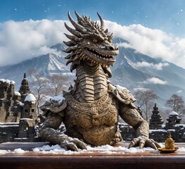 Chinese dragon statue on wooden table in front of Mt. Fuji background