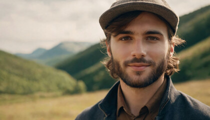 Young Man with Beard: Friendly Smile in Nature - Grey Eyes, Medium-Length Tousled Hair, Stylish Hat