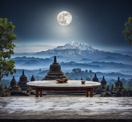 Borobudur Temple in the morning with full moon, Java, Indonesia