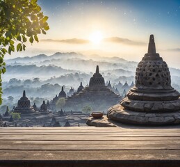 Wooden table top with sunrise over Borobudur Temple, Java, Indonesia
