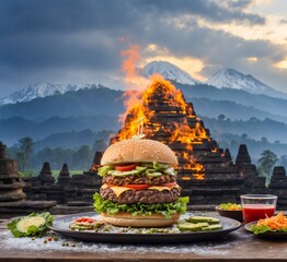 Hamburger with fire in the background of Borobudur, Indonesia