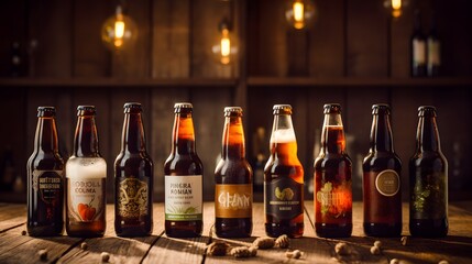 line of craft beer bottles on a rustic wooden surface, warmly lit by sunlight, with fresh hops in the foreground, suggesting a selection of fine ales ready for tasting - obrazy, fototapety, plakaty