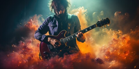 A musician passionately strums his guitar amidst a haze of smoke, captivating the audience with his...