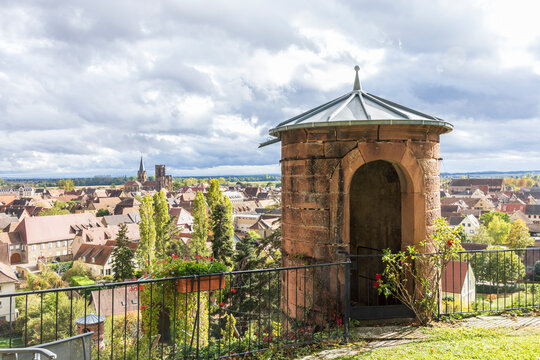 Scenic view from Chateau d'Isenbourg and Spa at picturesque village Rouffach Haut-Rhin department in Grand Est in north-eastern France