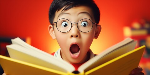 Surprised child holding an open book