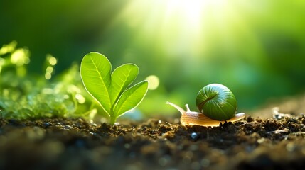 Little snail and green shamrock leaf in sun ray on forest background. Beautiful macro nature landscape. - obrazy, fototapety, plakaty