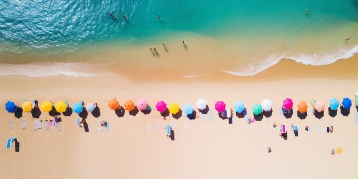 Aerial view of colorful umbrellas on sandy beach.