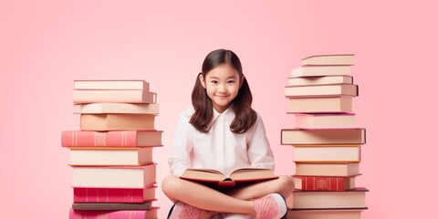 Elementary School Girl Sitting At Books.