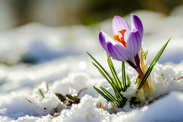 Crocus bulb blooming in snow, first spring flower. Close up macro view. Generative AI.