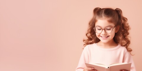 Cute little baby girl is reading a book