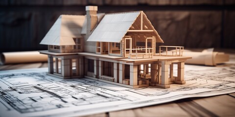 wooden house model stands on the drawings