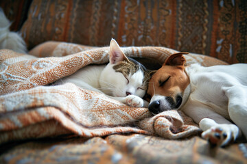 Cute dog and cat sleeping together in bed under blanket. Friendship of cute pets concept. Generative AI