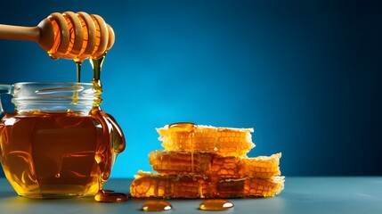 Pouring honey in jar and honeycomb on blue table. - obrazy, fototapety, plakaty