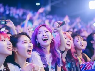 crazy fans of South Korean pop music k-pop cheer on their favorite artists - obrazy, fototapety, plakaty