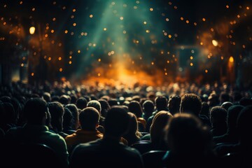 A diverse crowd gathers in a packed theater to experience the energy and passion of a concert, united by their love for music and the shared experience of being part of a live event - obrazy, fototapety, plakaty