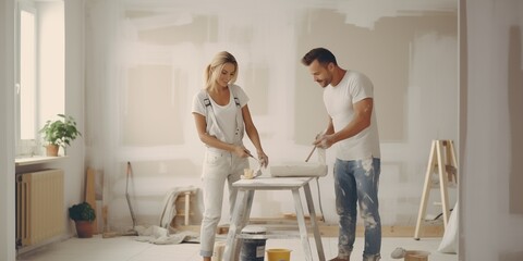 Young family couple doing renovations at home