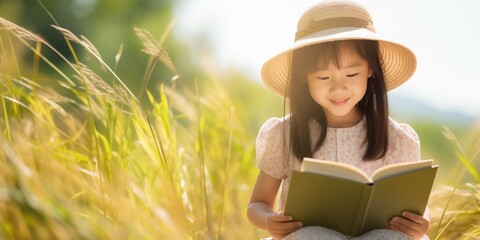 A cute little girl in a straw hat reading a book