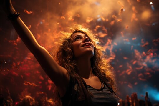 Amidst the pulsing lights and deafening sounds of the concert, a woman's ecstatic expression and outstretched arms embody the raw energy and passion of the music