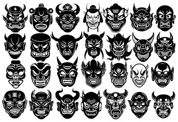 Yokai Demons Masks Silhouettes Vector Set Illustration Collection. Japanese Mythology Design Elements