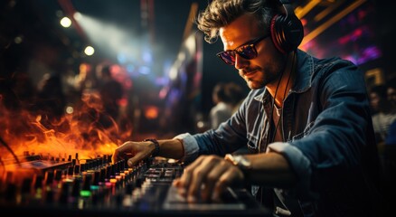 Fototapeta na wymiar A stylish man, clad in a denim jacket and blue shirt, exudes a cool confidence as he listens to music through his headphones, lost in the rhythm of the indoor concert as a deejay works their magic