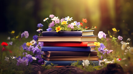 Freedom natural background with different color books and some flower garden