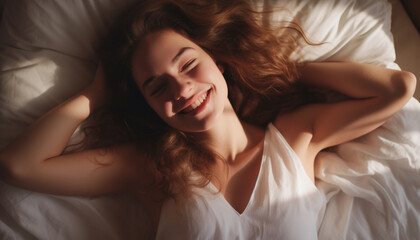 Beautiful young woman lying in bed at home. Girl smiling.