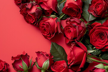 Red roses on red border background, copy space. Valentine day card. Generative AI