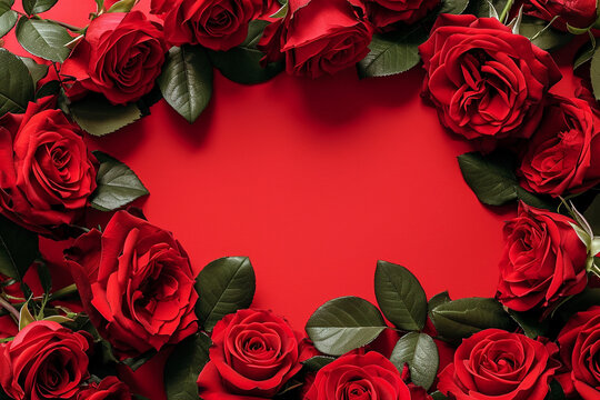 Red roses on red border background, copy space. Valentine day card. Generative AI