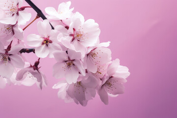 Fototapeta premium Cherry blossoms unfurl against a soft pink backdrop, a dance of delicate petals in spring's embrace