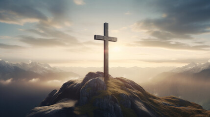 A solitary cross stands atop a mountain, bathed in the divine light of a tranquil sunrise, symbolizing hope and resurrection