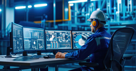 An engineer monitors complex data on screens, the heart of industrial operations beating in the background