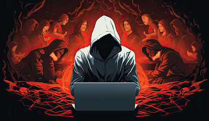 dark web hooded hacker banner, digital crime