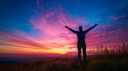A man with his arms outstretched enjoys the sunset 
