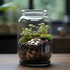 Transparent jar, coins as soil—each coin a step toward a fruitful financial future.
