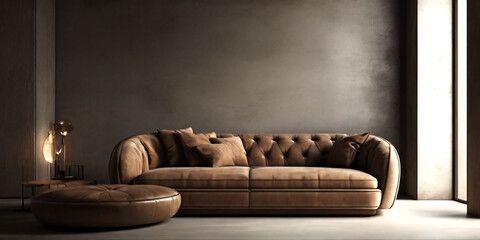 Minimalist interior design of modern living room with chair,sofa cushions,coffee table.Generative AI