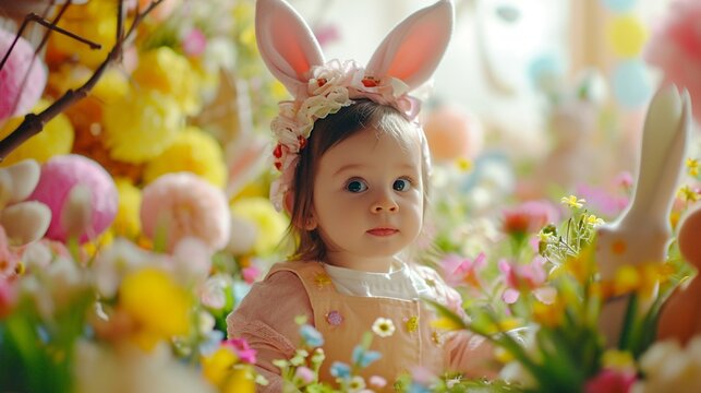  A child wearing an adorable Easter bunny costume, surrounded by festive decorations and painted eggs, the HD camera capturing the cuteness and charm of the festive celebration