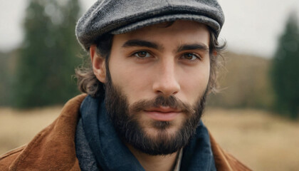 Young Man with Grey Eyes, Medium-Length Tousled Hair, Wearing a Hat, Friendly Smile