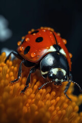 Fototapeta premium Ladybug on the flower, realistic photography, dynamic background created with Generative Ai