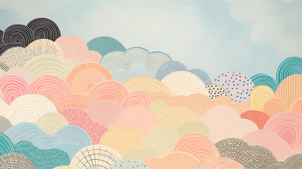 Artistic representation of clouds, each patterned and colored in soft pastel tones, creating calming atmosphere
