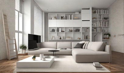 Minimalist interior design of modern living room with chair,sofa cushions,coffee table.Generative AI