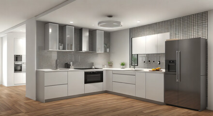 Fototapeta na wymiar Interior design of modern kitchen room with cabinet wooden dining table and chairs. generative AI