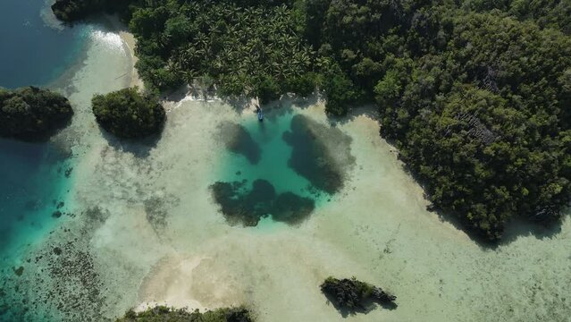 aerial shoot, flight over colourful lagoon with Turquoise water, sand beach and palm trees in Raja Ampat Indonesia